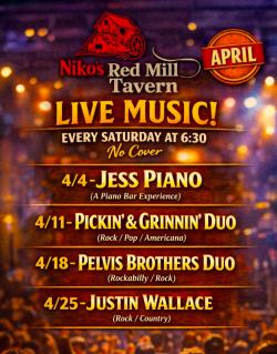 Live Music at Niko's Red Mill Tavern - April 2026 - Woodstock